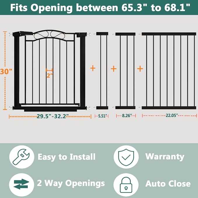 Fairy Baby 65.4"-68.1" Extra Wide Baby Gate with Door, 66 67 68 Inches Walk THR Baby Gates for Stairs Pressure Mounted no Drill, Indoor Tension Metal Child Pet Dog Safety Gate for Kids, Black