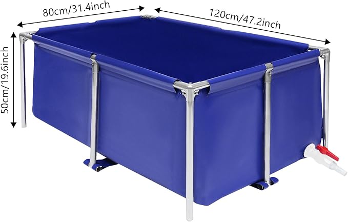 Thickened Canvas Fish Pond, Stainless Steel Frame Water-proof Coating Foldable Above Ground Large Koi/Goldfish Breeding Tank 47*31*19inch w/Drain Valve for Indoor/Outdoor Aquaculture (Blue & Silver)