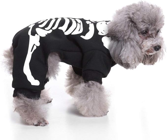 Halloween Fancy Fleece Dogs Cats Warm Pajama Coat Skeleton Costumes for Teddy, Pug, Chihuahua, Shih Tzu, Yorkshire Terriers, Papillon B-Black/White XS