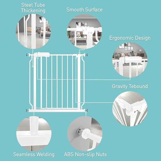WAOWAO Baby Gate 38.58-43.27" Extra Wide Pressure Mounted Walk Through Swing Auto Close Safety White Metal Toddler Kids Child Dog Pet Puppy for Stairs,Doorways,Kitchen