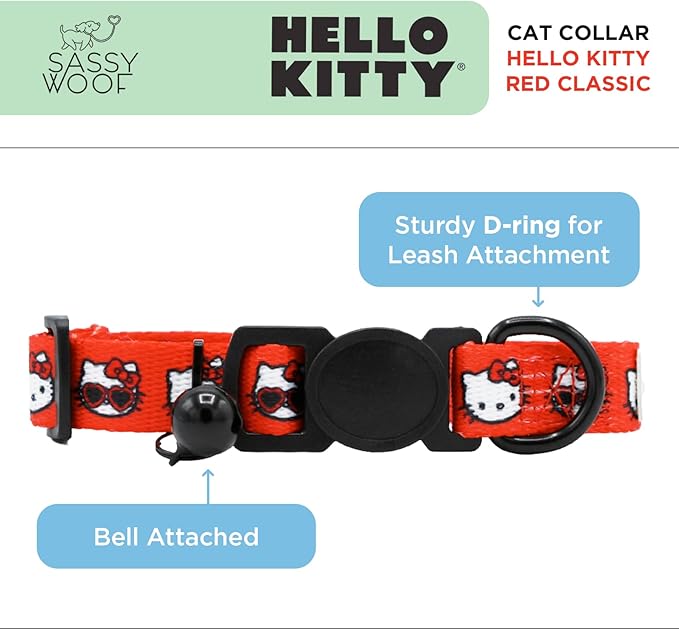 Sassy Woof Cat Collar Hello Kitty® Red Classic - S, Adjustable, Durable, Comfortable, Patented Design and Stylish Pet Accessories for Small Cats