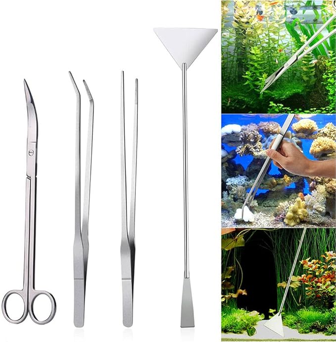 Aquarium Plants Tools, Aquascaping Tweezers Scissor Spatula Tool Stainless Steel Aquarium Tank Aquascaping Tools Set for Fish Starter Kits (3pc/4pc/5pc) (4 PCS)