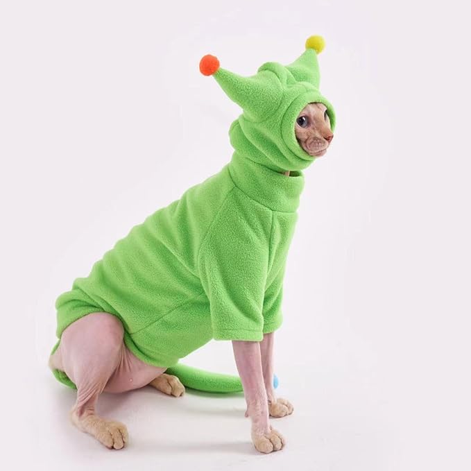 Sphynx Cat Clothes, Warm Cat Jumpsuit with Hat and Tail Cover, Full Set for Hairless Cats, Cornish Rex and Devon Rex (Green, S(2-3.5lbs))