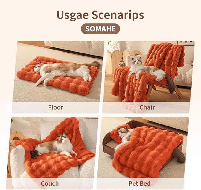 Self-Warming Cat Blanket for Indoor Cats & Small Dogs, Dual-Side Sherpa Plush Throw, Anti-Static Shared Couch Mat for Crate & Travel, Machine Washable No Shrink, 28x22 Inch Orange