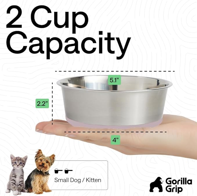 GORILLA GRIP Dog Bowls, Heavy Duty 304 Stainless Steel, Holds 2 Cups Each (16 fl oz) Food and Water Bowl for Feeding Dogs and Cats, Dishwasher Safe, Rust Resistant, BPA Free Rubber Base Set of 2 Pink