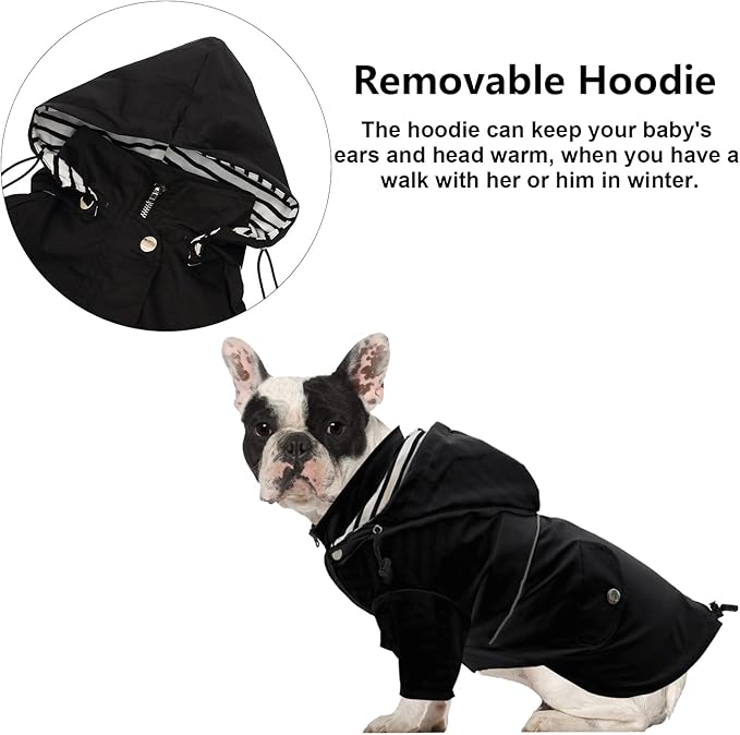 Morezi Dog Zip Up Raincoat with Reflective Buttons, Rain/Water Resistant, Adjustable Drawstring, Removable Hood, Raincoats with Legs 8lbs to 80lbs Available - Black - S
