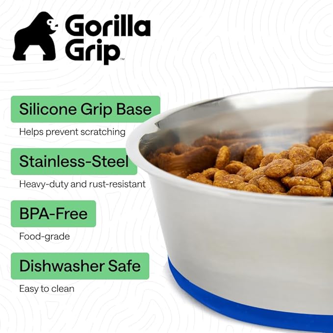 GORILLA GRIP Dog Bowls, Heavy Duty 304 Stainless Steel, Holds 6 Cups Each (48 fl oz) Food and Water Bowl for Feeding Dogs and Cats, Dishwasher Safe, Rust Resistant, BPA Free Rubber Base Set of 2 Blue