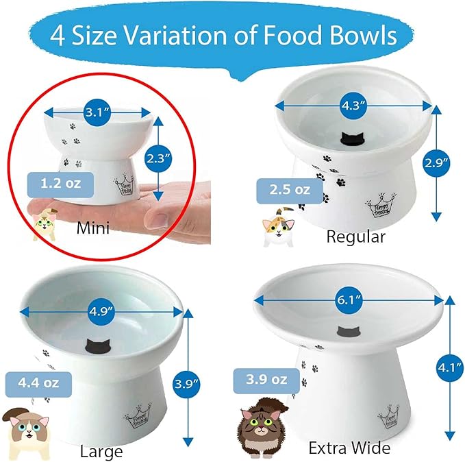 Necoichi Raised Cat Food Bowl – Ceramic Elevated Cat Bowl for Whisker & Neck Fatigue, Dishwasher Microwave Safe – Non-Slip & Anti Vomiting Ergonomic Design (Cats, Mini)