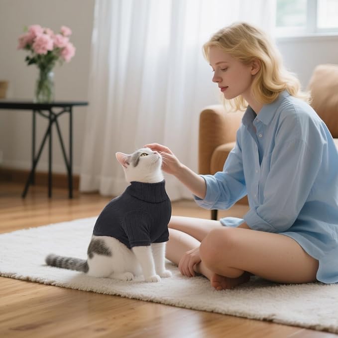 Idepet Sphynx Hairless Cats Sweater Shirt Kitten Soft Puppy Clothes Pullover Cute Cat Pajamas Jumpsuit Cotton Apparel Pet Winter Turtleneck for Cats and Teacup Chihuahua Small Dogs(Black,XL)
