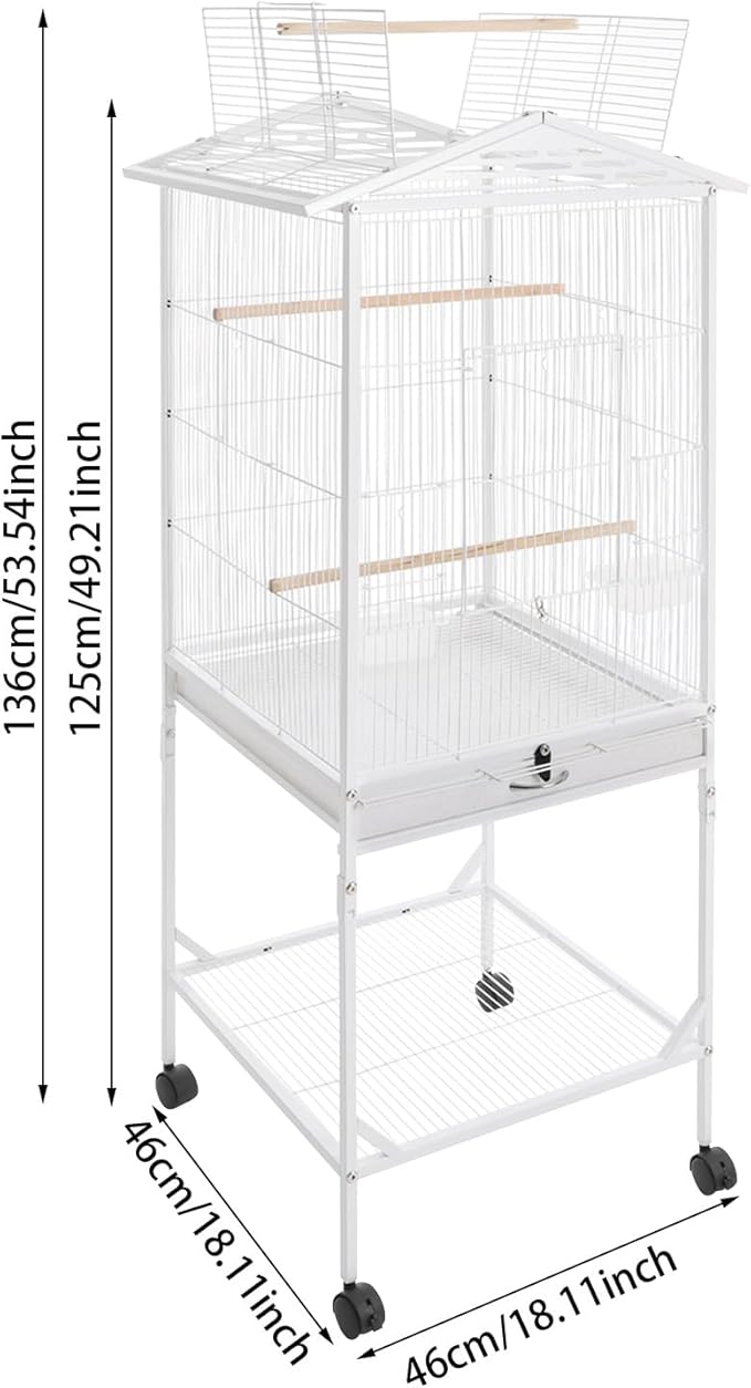 54 Inch Metal Bird Cage, Interactive Double-Door Open Top Bird Cage with 4 Feeding Windows Tray, Lockable Wheels Mobile Pet Birdcage for Parrots, Budgerigars, Parakeets, Lovebirds(White)