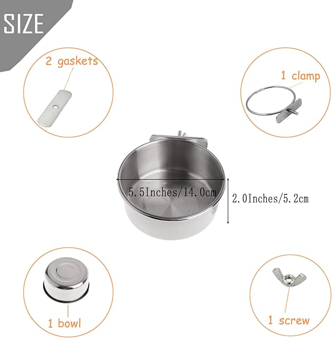 PINVNBY Bird Feeding Dish Cups,5.5x2.0 Inches Parrot Stainless Steel Food Water Dish Perch Stand Platform Paw Grinding Toy Feeder Cage Bowl with Clamp Holder for Budgies Parakeet Macaw(5 Pack L)