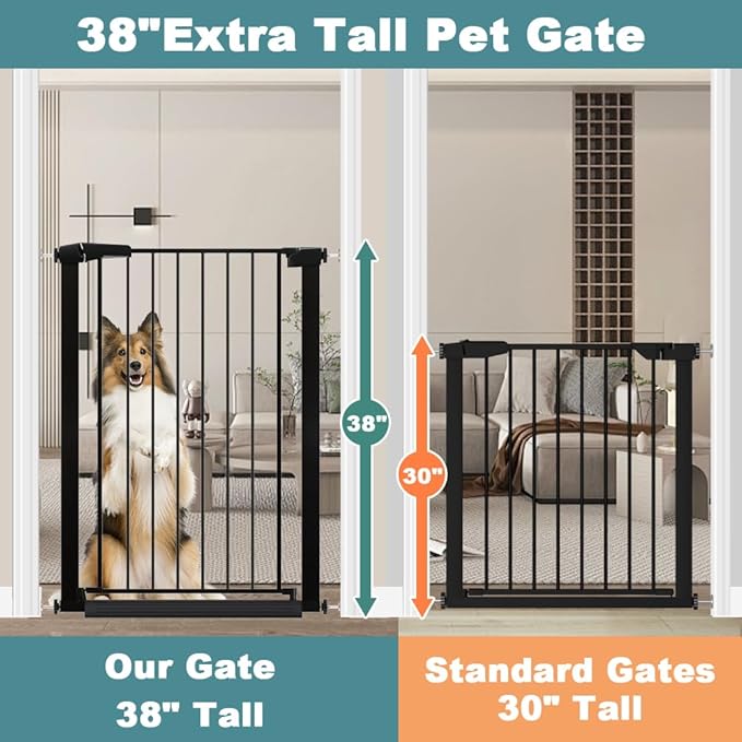 Fairy Baby 38" Extra Tall Pet Gate for Stairs, Fits Openings of 35.04" to 37.80" Wide, Extra Wide Baby Gate Indoor, Pressure Mounted Walk Thru Swing Auto Close Metal Puppy Barrier for Doorway, Black