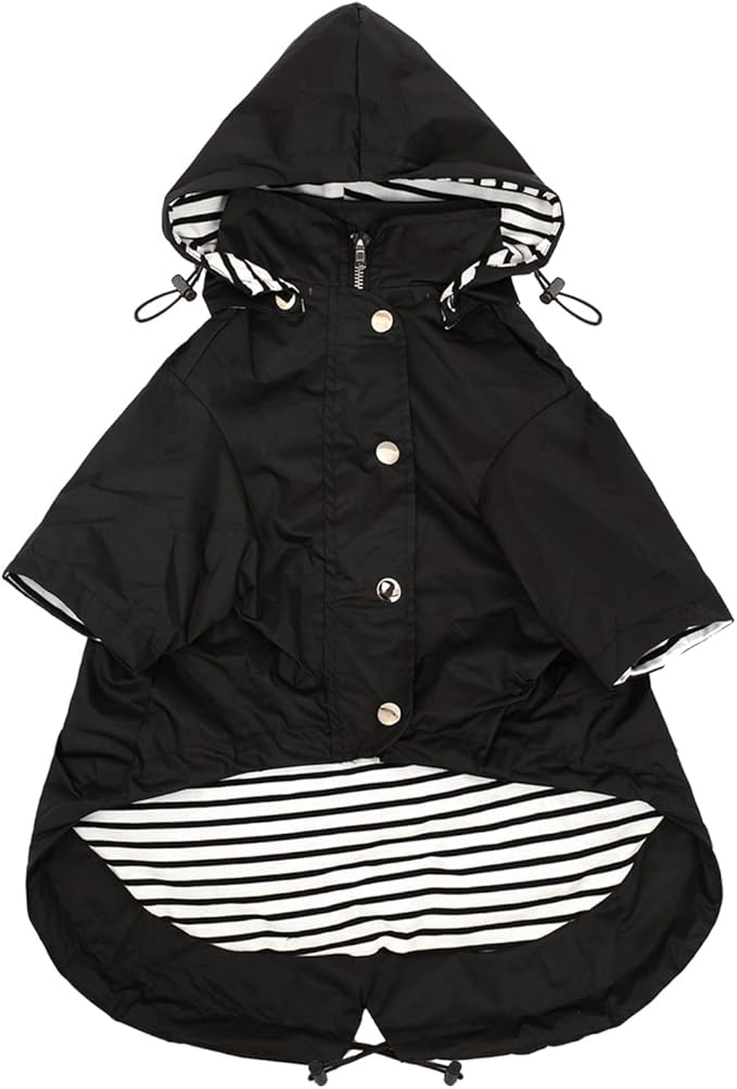 Morezi Dog Zip Up Raincoat with Reflective Buttons, Rain/Water Resistant, Adjustable Drawstring, Removable Hood, Raincoats with Legs 8lbs to 80lbs Available - Black - XS
