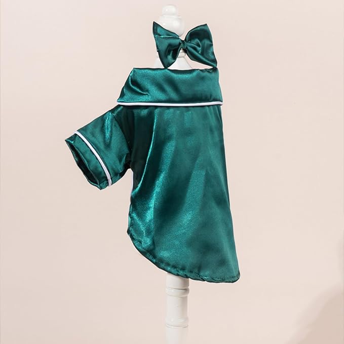 Cat Puppy Costume Elegant Satin Pajamas with Bow Headband 2PCs Set Pet Sleepwear Cute Pet Outfit Cosplay Partywear Photoshoots (Green Set,X-Large)