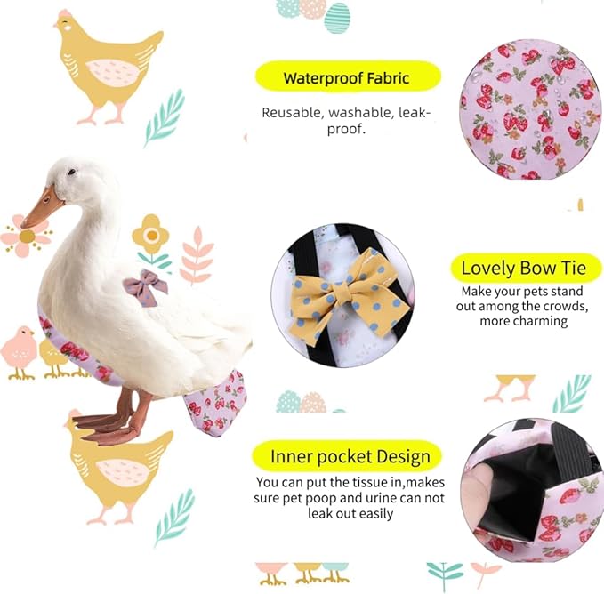 MANON ROSA Chicken Diapers Bantam Hens - Reusable 3-Piece Set with Bow Ties Poultry Nappies Washable Waterproof for Geese Pet Ducks Silkie (Graphic S)