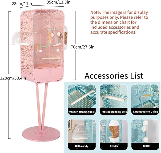 Metal Birdcage with Stand, Decorative Small Bird Cage for Parakeets, Cockatiels, Budgies, Indoor Bird Decor for Home(Pink)