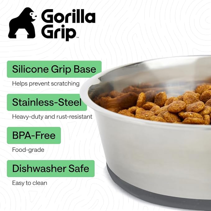 GORILLA GRIP Dog Bowls, Heavy Duty 304 Stainless Steel, Holds 6 Cups Each (48 fl oz) Food and Water Bowl for Feeding Dogs and Cats, Dishwasher Safe, Rust Resistant, BPA Free Rubber Base Set of 2 Gray