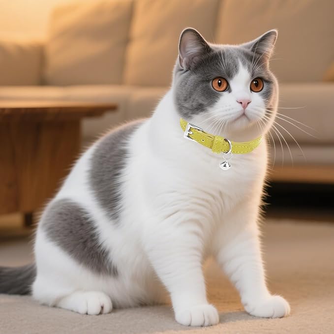 PUPTECK 2 PCS Soft Genuine Leather Cat Kitten Collar with Bells Adjustable for Girl Boy Cats Puppy - Yellow Green, Deep Purple
