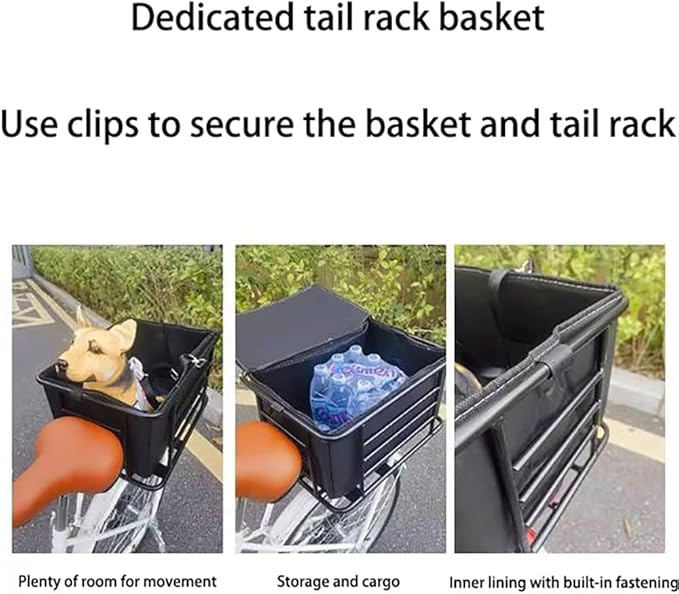 Rear Bike Basket for Dogs – Motorcycle/E-Bike Pet Carrier Crate, Thick Steel Frame, Washable Cushion, Multiple Mounting Points, Secure Leash Clip