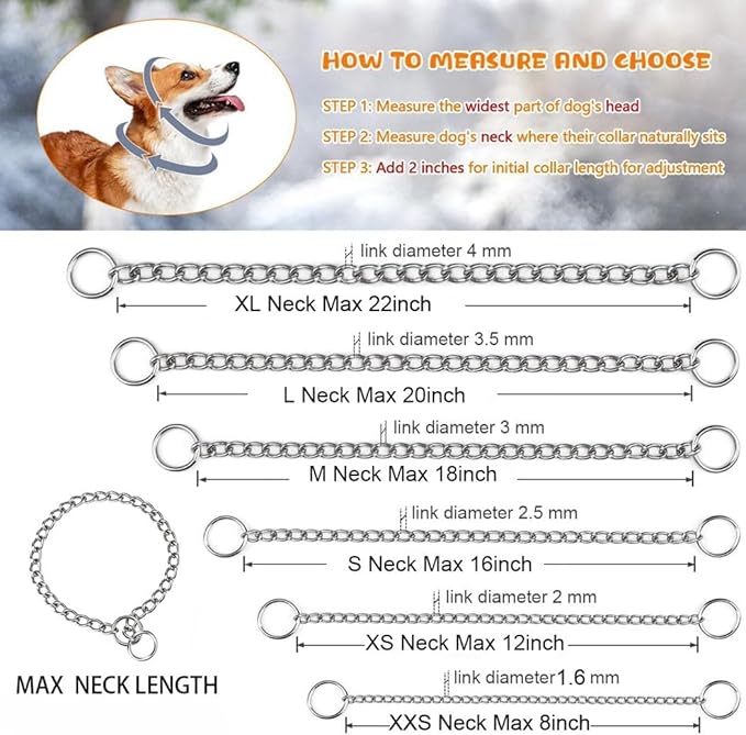 Chain Choke Collar for Dogs, Metal Slip Link Training Heavy Duty Dog Collar Martingale Puppy Collars for XXS XS Small Medium Large Big XL Breed Dogs (Silver, XS(Neck Max 12inch) D2.0mm)