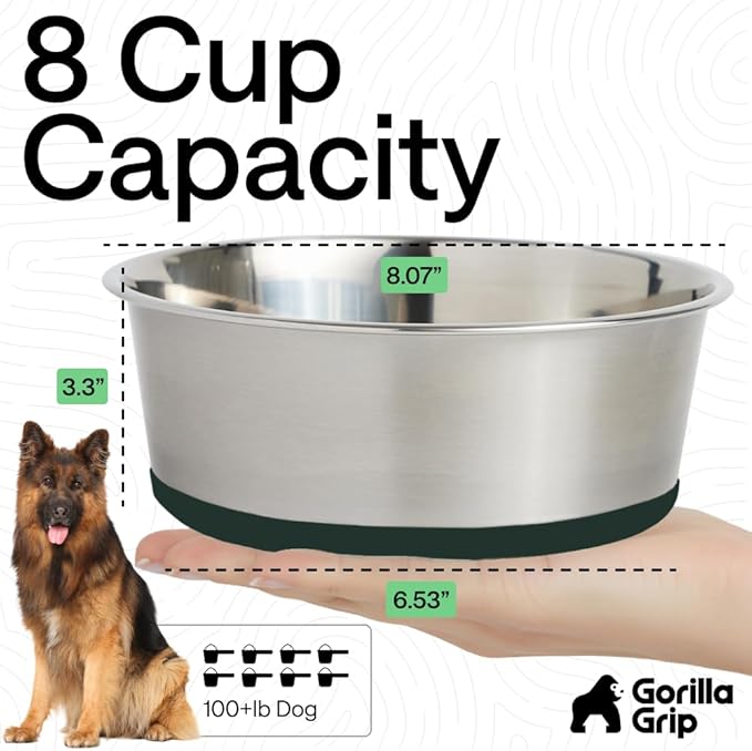 GORILLA GRIP Dog Bowls, Heavy Duty 304 Stainless Steel, Holds 8 Cups Each (64 fl oz) Food and Water Bowl for Feeding Dogs and Cats, Dishwasher Safe, Rust Resistant, BPA Free Rubber Base Set of 2 Green