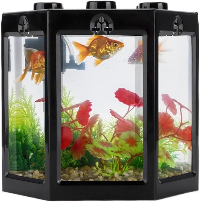 Small Fish Tank, 12x10. 5x11cm Hex Shape Superimposable Goldfish Tank Mini Fish Tank Small Aquarium Kit with Rounded Corner Design for Home Office