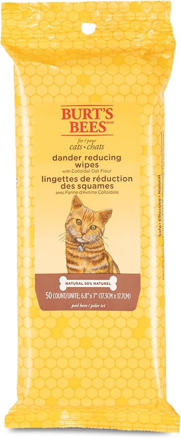 Burt's Bees for Pets Cat Dander Remover Wipes, Unscented Soft Grooming Cloths with Colloidal Oat Flour + Aloe, Helps Reduce Flaking Between Baths for Cats & Kittens, 50 Count - 6 Pack