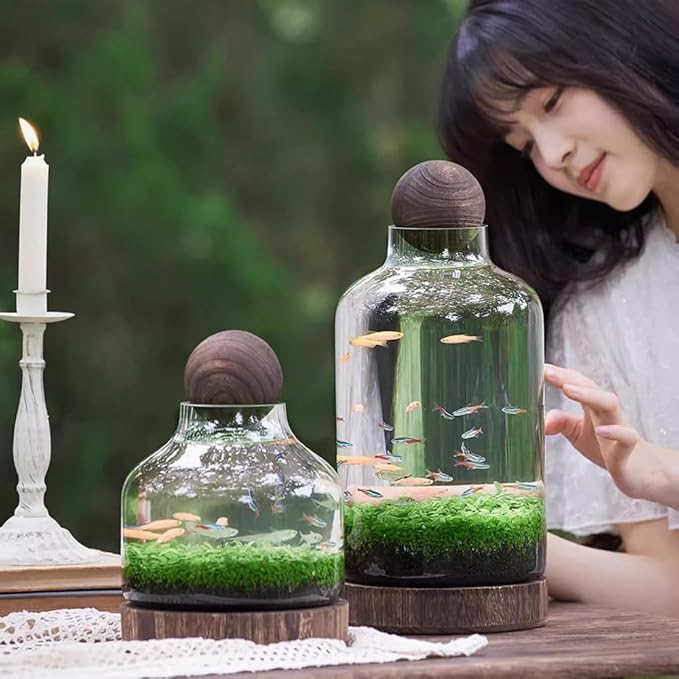 Glass Aquarium with Wooden Base, Microecosphere Fish Tank, Transparent Bottle-Shaped Batta Fish Bowel, Micro-Landscape Ecological Aquarium, Modern Glass Goldfish Tank,XL