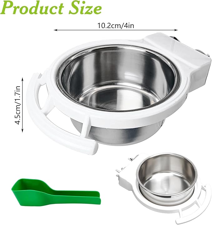 BNOSDM Hanging Stainless Steel Bird Bowls 4 PCS Bird Feeding Dish Cups with Perch Stand Parrot Food Container Food and Water Bowls with Spoon for Budgie Cockatoo Finch Lovebirds Pigeons (White)