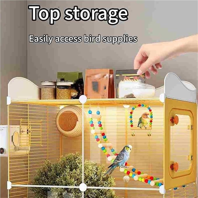 Parakeet Cage with Clear Front, Decorative Flight Birdcage with Accessories, Bird Cage for Cockatiels, Budgies, Finches, Canaries(Yellow)