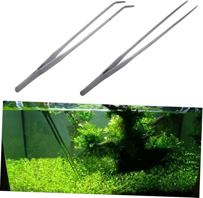 FRCOLOR 2pcs Stainless Steel Aquatic Plant Tongs Straight Curved Tweezers for Fish Tank Maintenance Resistant Tools for Planting and Arranging Aquarium Plants