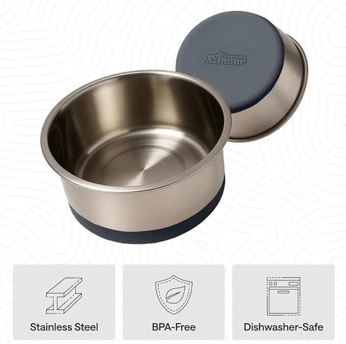 GORILLA GRIP Set of 2 Dog Bowls, Holds 8 Cups (64 fl oz), Heavy Duty Metal Food and Water Bowl for Feeding Dogs and Cats, Dishwasher Safe, Rust Resistant Stainless Steel, BPA Free Rubber Base, Gray