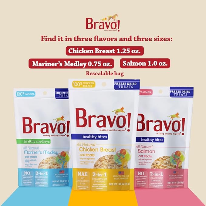 Bravo! Healthy Bites Single Ingredient Freeze Dried Raw Cat Treats, Salmon, 1 Ounce, High Protein, Grain Free, Gluten Free