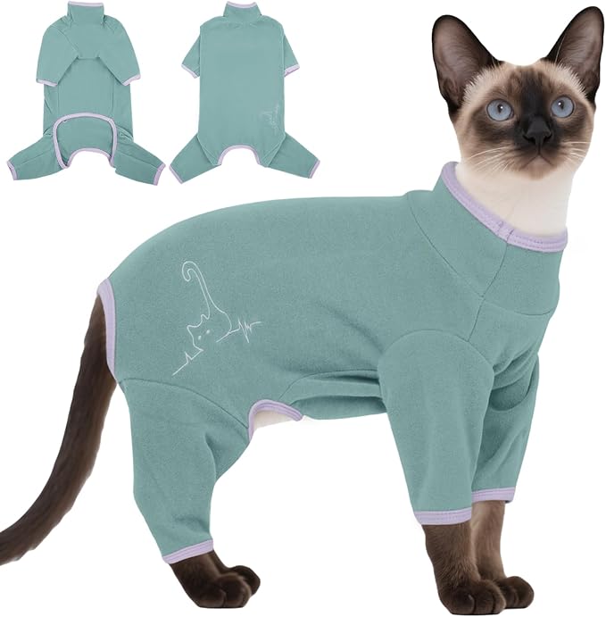 DENTRUN Cat Clothes for Hair Control with Hair Sticky Fabric - Soft Recovery Suit & Breathable Lint-Resistant Cat Sweater for Cats Only, Kitten Onesie Pajamas, XL, Bean Green