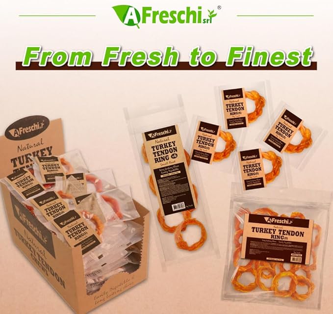 A Freschi srl Turkey Tendons for Dogs, Long-Lasting, Hypoallergenic Rawhide Alternative, Human Grade, Healthy Puppy Chews, Natural Dog Treats for Small Dogs, Ring (S), 40 Count Box