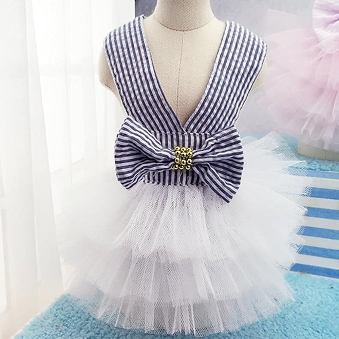 Dog Dresses, Fashion Pet Dog Clothes, Striped Mesh Puppy Dogs Princess Dresses (Blue, X-Small)