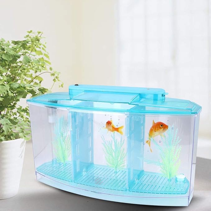 Aquarium Isolation Box Acrylic Breeding Hatchery Small Fishes Incubator Mini Fish Tank LED Acrylic Three Divisions Breeding Isolation Box for Small Fishes(Blue)