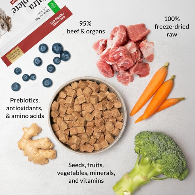 ULTIMATE PET NUTRITION Nutra Complete, 100% Freeze Dried Raw Veterinarian Formulated Dog Food with Antioxidants Prebiotics and Amino Acids (3 Pound (Pack of 4), Beef)