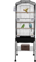 Large Rolling Bird Cage with Stand & Storage Shelf, 4-Tier Stackable Parrot Aviary for Cockatiels, Parakeets & Finches, Metal Birdcage with Slide-Out Tray, Feeding Bowls & Wheels (Black)