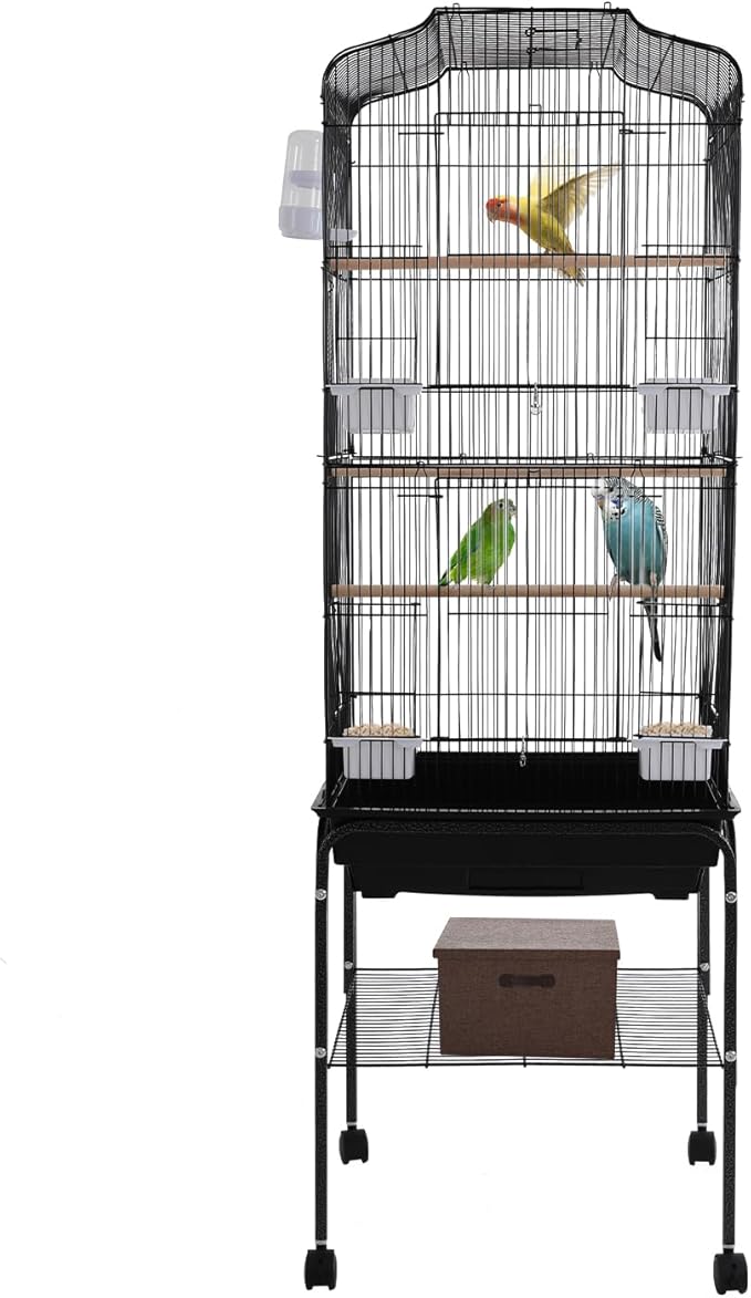 54 inch Metal Bird Cage,Large Parakeet Cages for Parrot,Cockatiel, Lovebird,Birdcage with Wheels,Roof Top,Storage Shelf (Black)