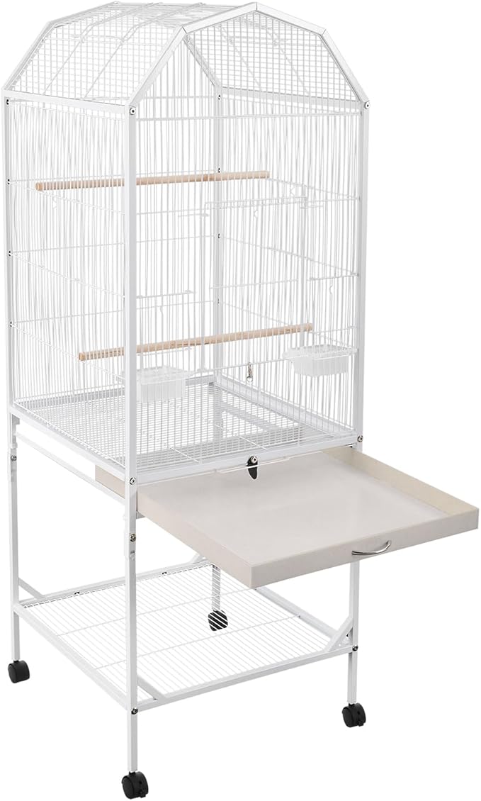 Large Bird Cage, Movable Pet Bird Flight Cages with Wheels, Wooden Perches, Slide-Out Tray, Panorama Bird Aviary with Stand 18.11x18.11x53.54in for Parrot, Sparrow, Budgerigars (White Style1)