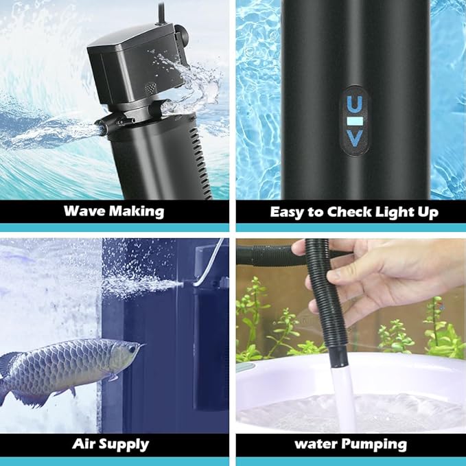 COOSPIDER Aquarium Filter 200GPH U-V Fish Tank Green Clean Machine for 20-100 Gal Tank, Submersible Pump Filter for Green Water, Internal Filtration System for Saltwater Freshwater Crystal Clear