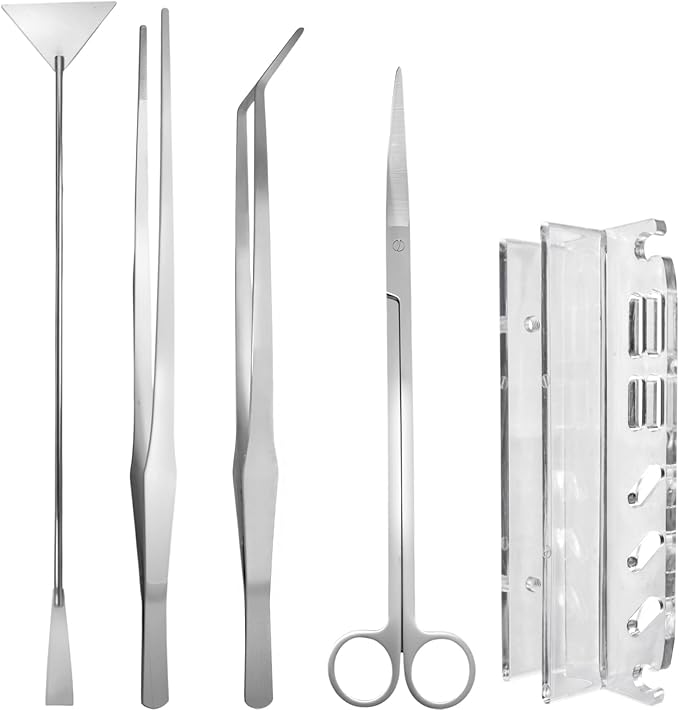 5Pcs 15Inch Aquascaping Tools Kit Extra Long Tweezers for Terrarium, Feeding Tongs, Aquarium Scissors, Algae Scraper,Aquascaping Tool Organizer Rack for Fish Tank Cleaning Plant Trimming