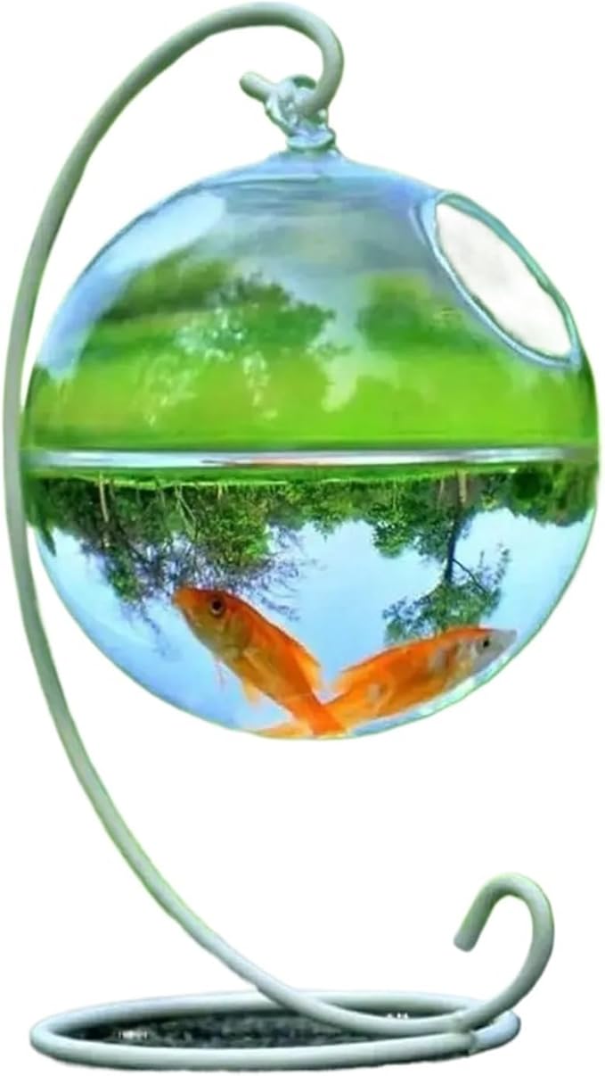 Transparent Hanging Glass Aquarium Fish Tank Bowl - Stylish Round/Rectangle Shape with Rack Holder for Home Decoration(Black-02)