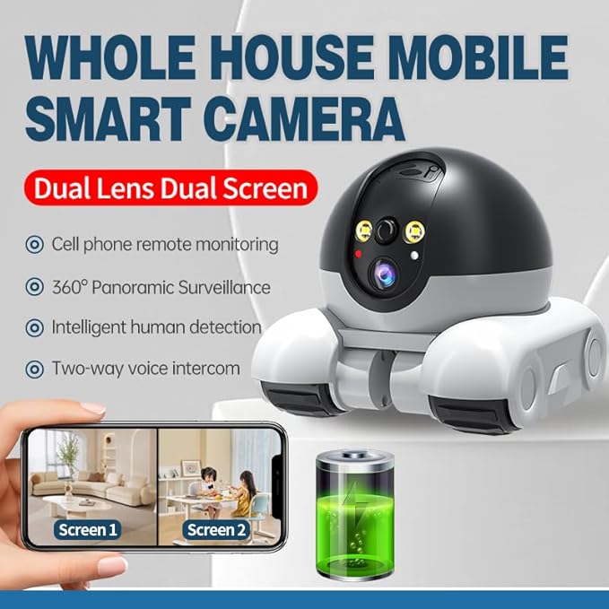 Yunir Moving Camera Robot,1080P Double Lens Robot Camera with Wheels, App Remote Control, Two Way Talk, 5200mAh Long Battery,WiFi Pet for Cats Dogs