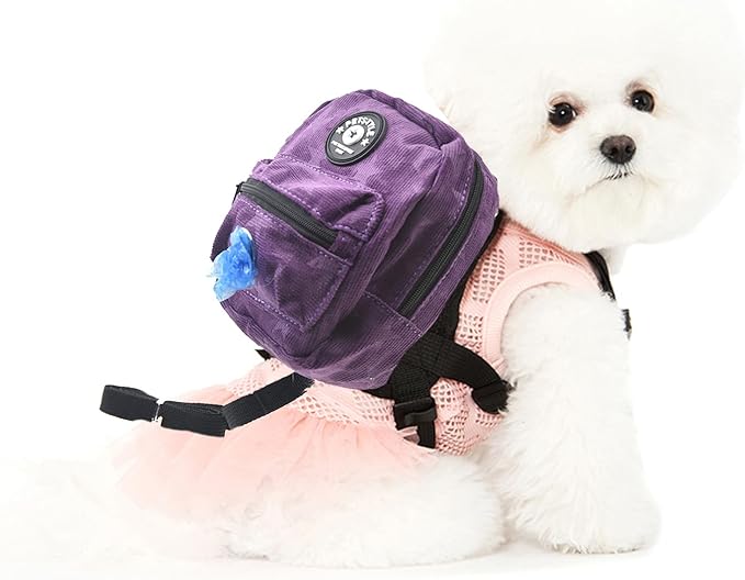 FLAdorepet Dog Backpack Harness with Leash, Dog Poop Bag Dispenser, Pet Self Carrier Adjustable Travel Hiking Walking Harness Backpack for Small Medium Dogs (L(Fit:10-15lb), Purple)