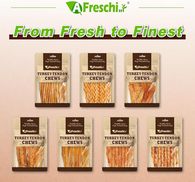 A Freschi srl Turkey Tendons for Dogs, USA-Sourced, Healthy Dog Treats, Rawhide-Free Puppy Chews, All Natural, Hypoallergenic Dog Treats, Soft Strips with Pumpkin, 3.5 oz Pack