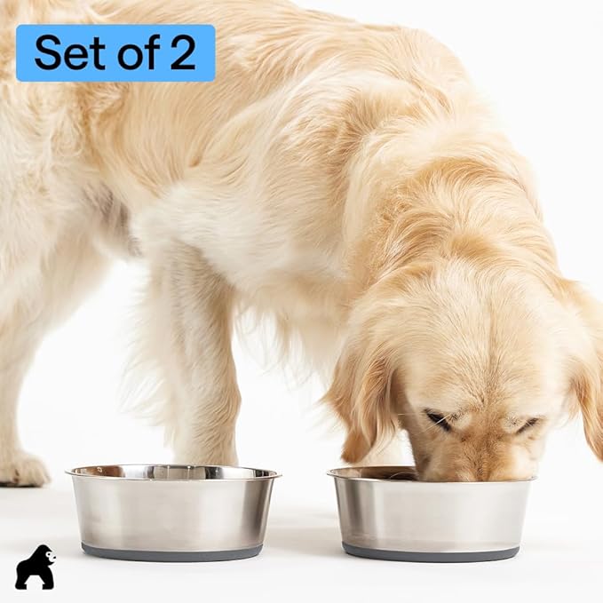 GORILLA GRIP Dog Bowls, Holds 1 Cup Each (8 fl oz), Heavy Duty Stainless Steel Food and Water Bowl for Feeding Dogs and Cats, Dishwasher Safe, Rust Resistant Metal, BPA Free Rubber Base, Set of 2 Gray