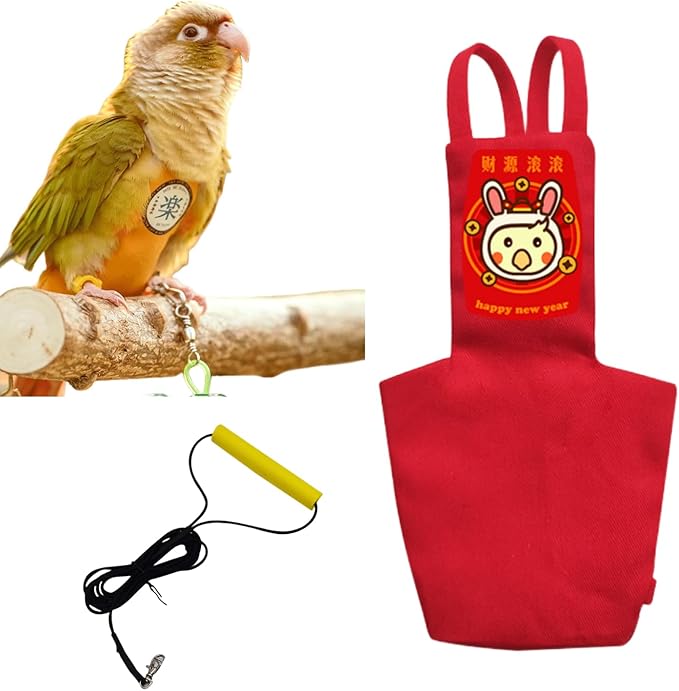 MANON ROSA Bird Diapers Leash Set Washable Reusable Handmade Flight Suit Waterproof Inner Layer - Protective Parrot Nappy Clothes Parakeets Macaws Budgies Canaries (Red1,Sun Conure)