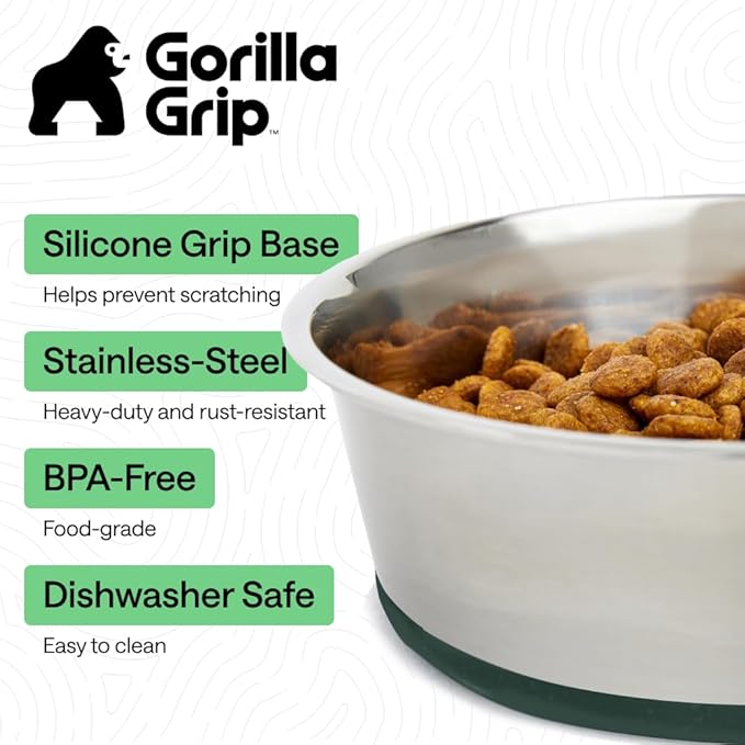 GORILLA GRIP Dog Bowls, Heavy Duty 304 Stainless Steel, Holds 8 Cups Each (64 fl oz) Food and Water Bowl for Feeding Dogs and Cats, Dishwasher Safe, Rust Resistant, BPA Free Rubber Base Set of 2 Green